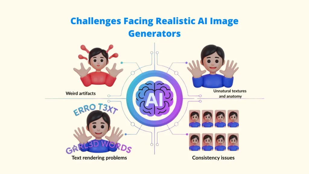 An instructional infographic titled "Selecting the Best Realistic AI Image Generator" featuring a blue roadmap. It outlines three critical steps: defining your use case, considering your budget, and evaluating technical requirements when choosing between different AI image generator tools.  realistic Al image generator: Al image generator tools:  Al Image Generators