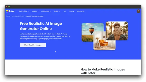 The Fotor web page for its "Free Realistic AI Image Generator Online." The site demonstrates how users can enter text prompts to create fascinating AI photography in seconds, positioning itself as a leader among AI image generator tools and AI Image Generators.