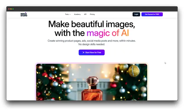 Magic Studio	Screenshot of Magic Studio's website, an Online AI Image Generator used for creating winning product pages and social media posts without design skills. Online Al Image Generator & Edtor: Online Al Image Generator: AI Image Generator