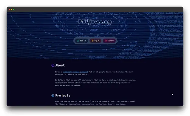 Midjourney About Page	The "About" section of Midjourney, a community-funded research lab known for building advanced high-quality AI Image Generator models. Online Al Image Generator & Edtor: Online Al Image Generator: AI Image Generator