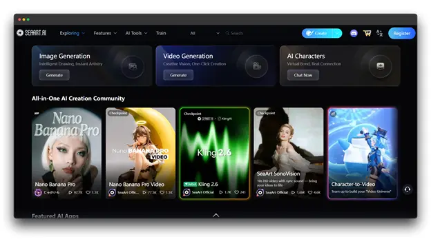 SeaArt.AI Dashboard	The SeaArt.AI community platform dashboard, featuring an all-in-one AI Image Generator, video generation tools, and AI character creation modules.  Online Al Image Generator & Edtor: Online Al Image Generator: AI Image Generator