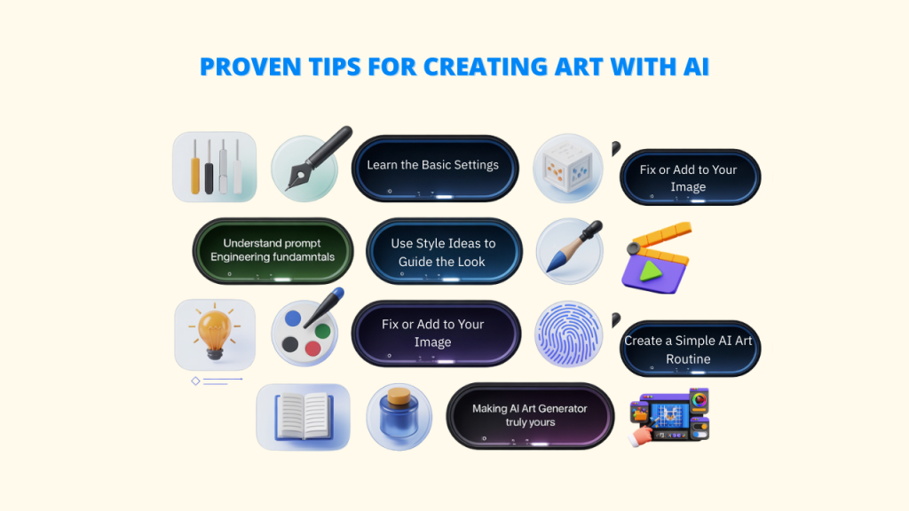 A collage of illustrated tips and concepts related to improving AI Creations, including learning basic settings, understanding prompt engineering, and using style ideas for AI Art Generators.  keywords:  "Al Art Generators;  Al Creations"