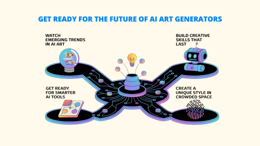 An infographic with a central hub connected to four key strategies for using AI Art Generators: "Watch Emerging Trends," "Build Creative Skills," "Get Ready for Smarter AI Tools," and "Create a Unique Style," all aimed at improving AI Creations.  keywords:  "Al Art Generators;  Al Creations"