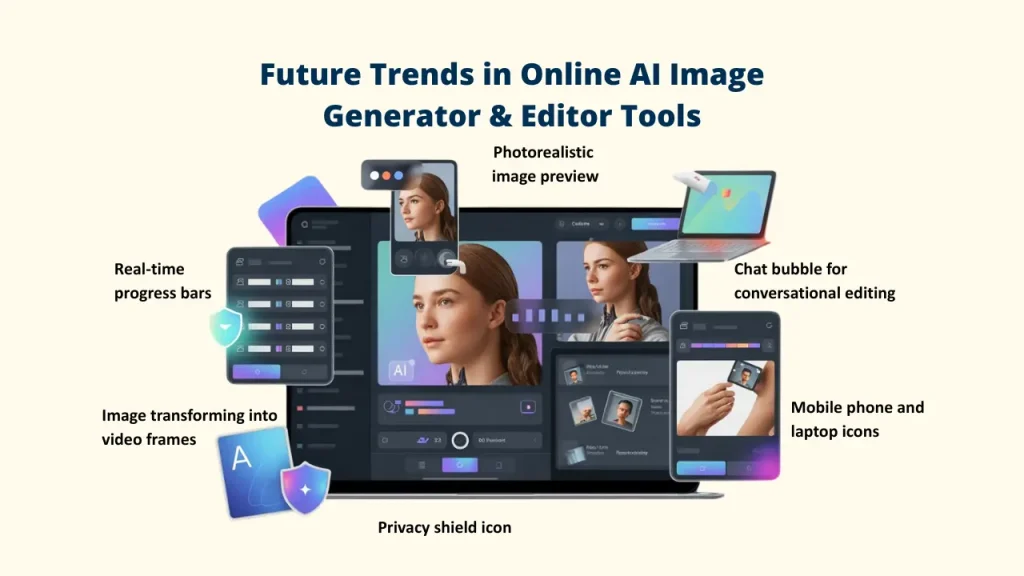 A visual guide to "Future Trends in Online AI Image Generator & Editor Tools," showcasing features like photorealistic previews, conversational chat-based editing, and real-time progress bars. Online Al Image Generator & Edtor: Online Al Image Generator: AI Image Generator