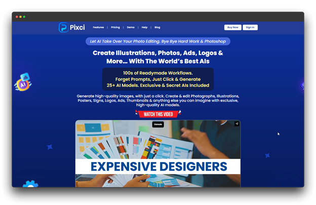 The Pixci landing page advertising the world's best AI Image Generators Without Prompts, featuring 100s of readymade workflows for creating illustrations, photos, and logos with just a click.  Al Image Generators Without Prompts:  Image Generation: Al Image Generators