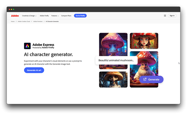 Alt text: Screenshot of the Adobe Express AI character generator, displaying a prompt "Beautiful animated mushroom" and several AI-generated cartoon images of mushrooms in different styles. Keywords: AI Character Generator, AI Cartoon Image Generator, Image Generator.