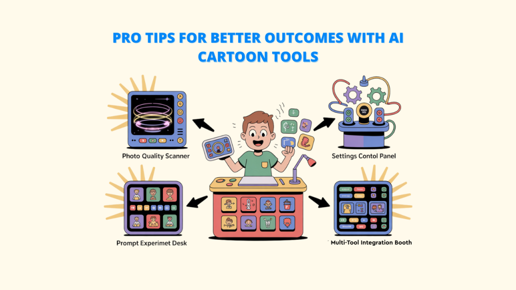 Image displaying six different use cases for an AI cartoon image generator: "Fun & Creative Freedom," "Great for Social Media," "Personal Branding," "Custom Avatar," "Marketing for Businesses," and "Educational Content." Keywords: AI Cartoon Image Generator, Image Generator, Custom Avatar.