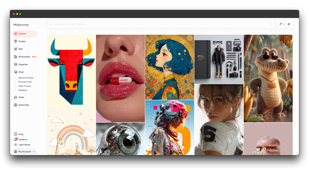 Collage of various high-quality images generated by Midjourney, including abstract art, portraits, and whimsical figures. This visual demonstrates the impressive output of the Midjourney AI Image Generator, making it a strong contender for a Best High-Quality AI Image Generator."