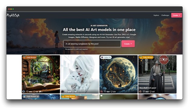 Screenshot of the NightCafe AI Art Generator website, featuring diverse AI-generated artworks and a prompt input field. The text 'All the best AI Art models in one place' suggests it's a Best High-Quality AI Image Generator."