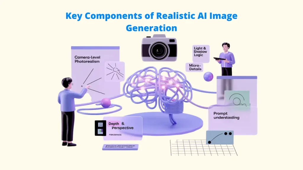 A detailed visual breakdown of the key components of Realistic AI Image Generation. The graphic highlights essential features like camera-level photorealism, light and shadow logic, micro-details, and depth perspective that define high-quality AI Image Generators. realistic Al image generator: Al image generator tools:  Al Image Generators