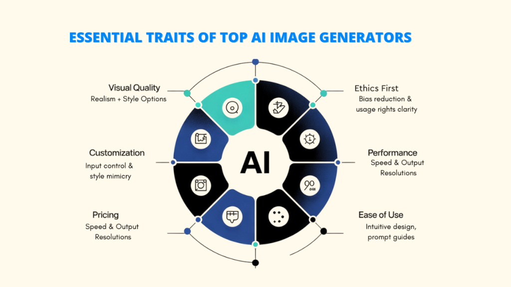 Illustration of a person using an AI Image Generator on a computer, with steps like knowing tool strengths, exploring styles, building from drafts, collecting feedback, and following trends. This highlights practices for effective use of a Best High-Quality AI Image Generator."