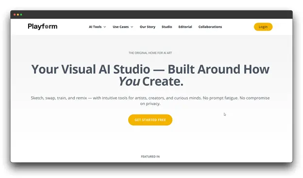 The Playform website, a visual AI studio built for artists, offering specialized AI Image Generators that allow for sketching and remixing without prompt fatigue.