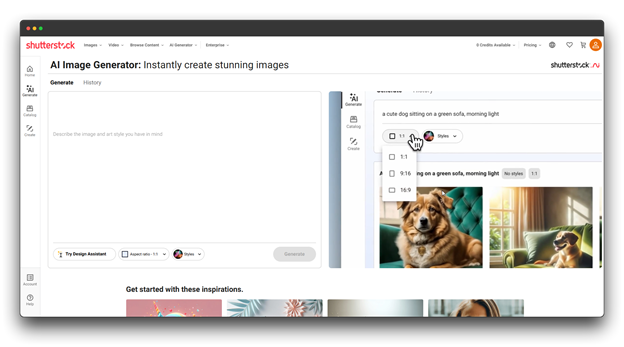 Screenshot of the Shutterstock AI Image Generator interface, showing an example of generating an image from a text prompt 'a cute dog sitting on a green sofa, morning light.' This demonstrates the ease of use and potential for high-quality output from this AI Image Generator."